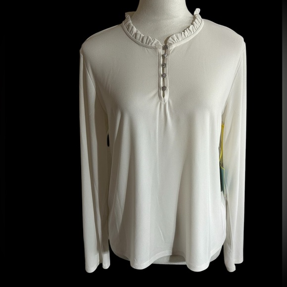 Classy CeCe Women's White Ruffle Neck Top with Rhinestone Buttons - Picture 1 of 12